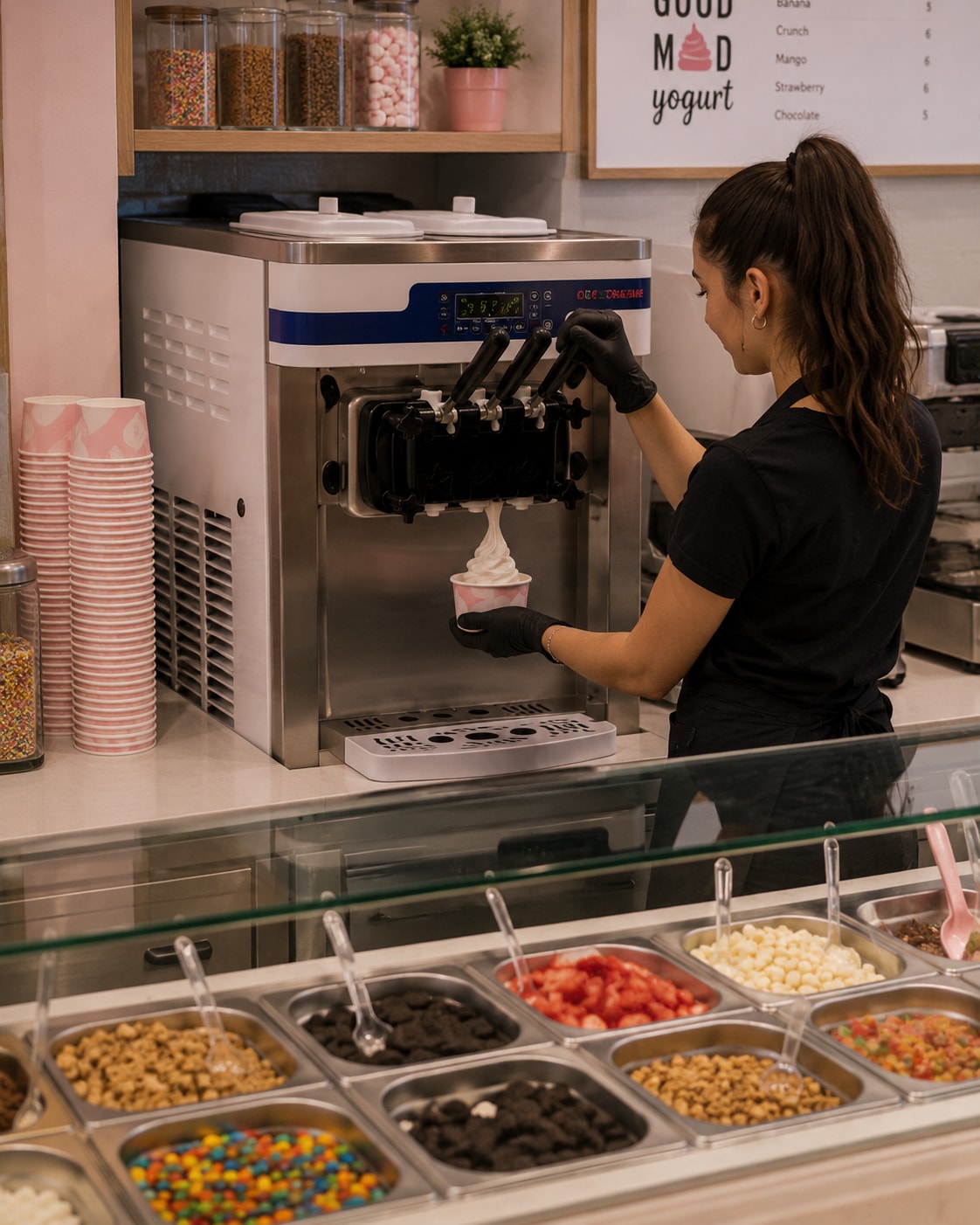 Frozen yogurt bar, serving